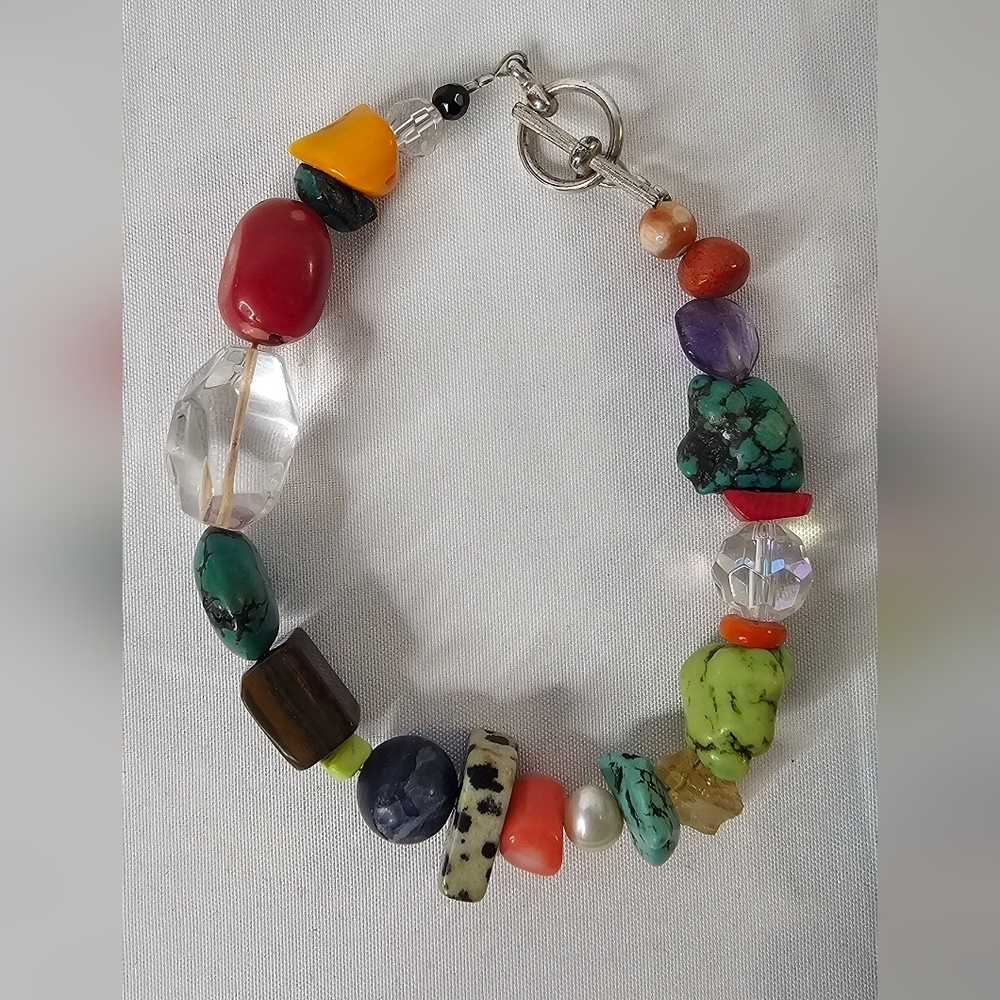 ​Chunky Multi-Gemstone Necklace & Bracelet Set Two Strand Turquoise Jasper Agate - Picture 6 of 9